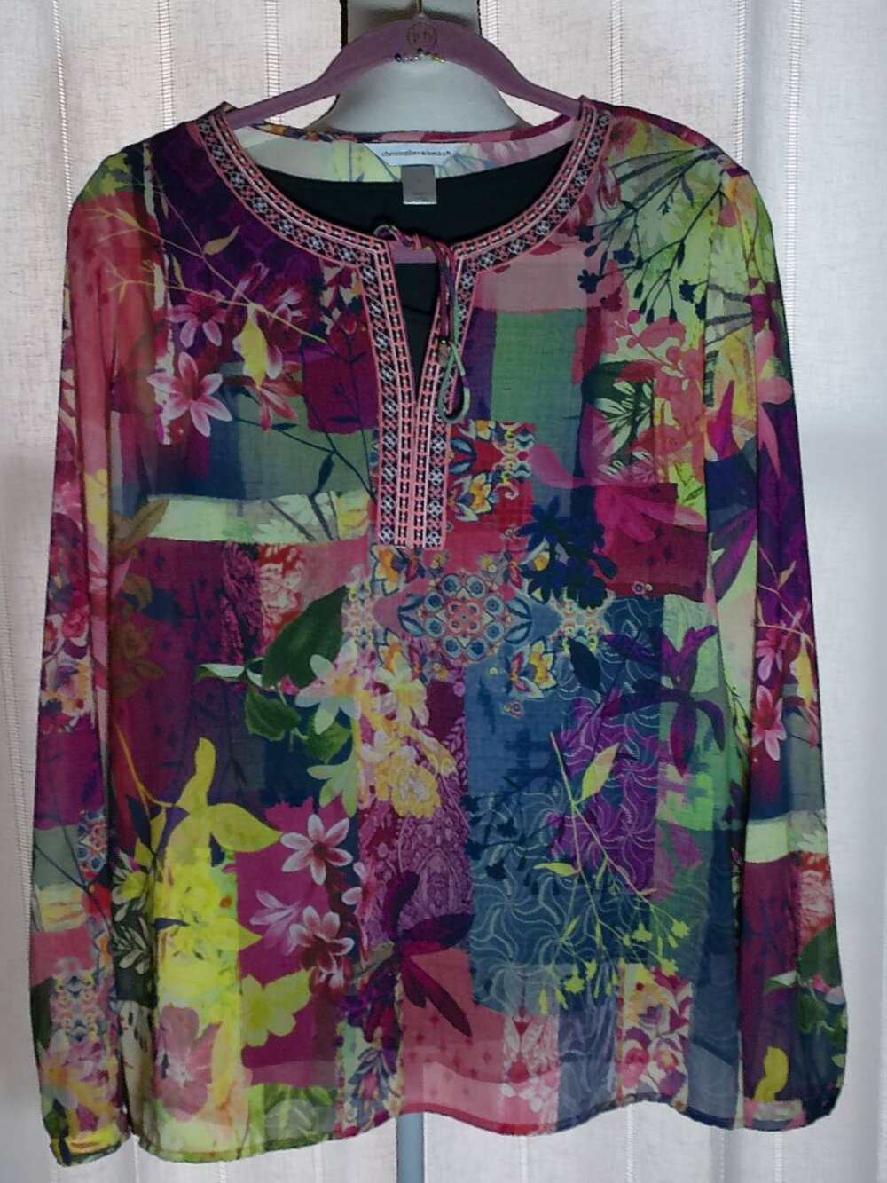 CHRISTOPHER & BANKS Long Sleeve Tie V-Neck Navy Blue Patchwork Floral Blouse L - Picture 2 of 11
